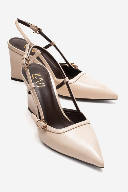 CELIA - Zapatos de cuña de piel auténtica de color blanco roto con puntera afilada (mujer)