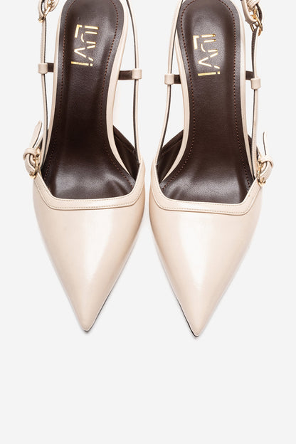 CELIA - Zapatos de cuña de piel auténtica de color blanco roto con puntera afilada (mujer)