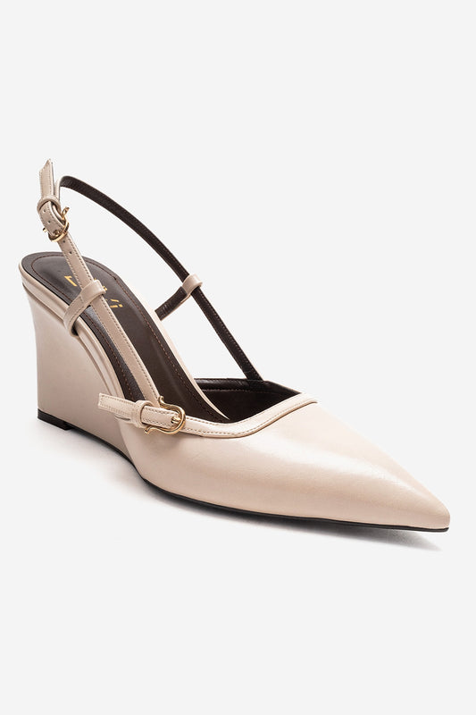 CELIA - Off-White Genuine Leather Pointed Toe Wedge Heel Shoe (Women)