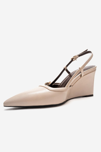 CELIA - Zapatos de cuña de piel auténtica de color blanco roto con puntera afilada (mujer)