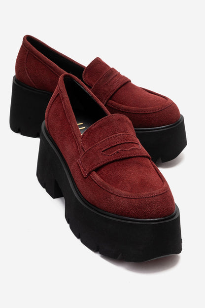 SANTIA - Mocasín de plataforma gruesa de cuero genuino color burdeos (mujer)