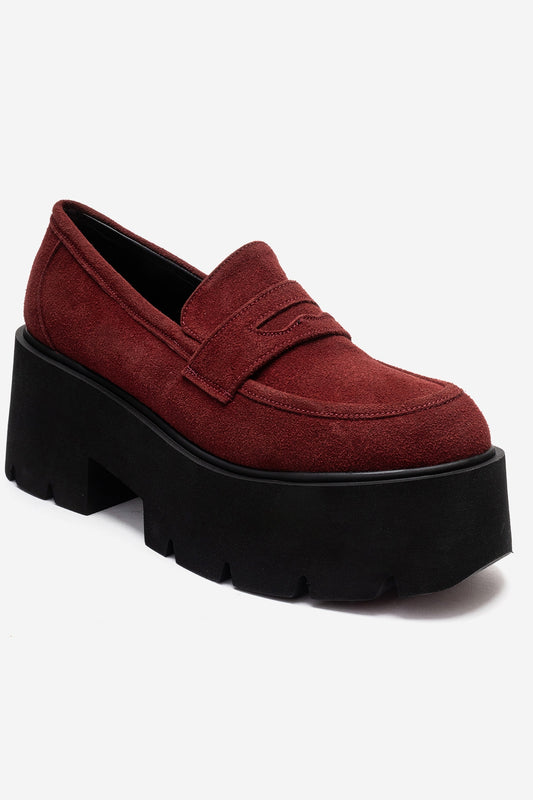 SANTIA - Mocasín de plataforma gruesa de cuero genuino color burdeos (mujer)
