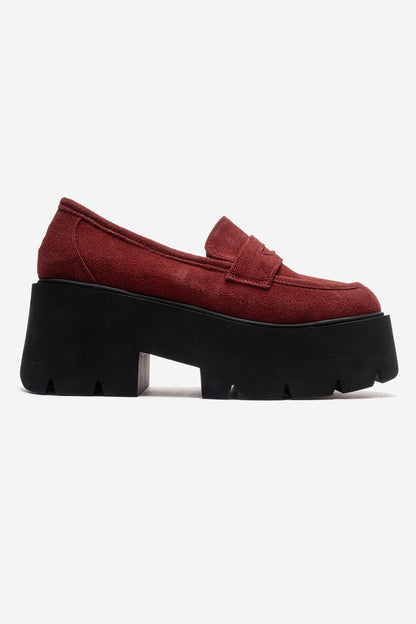 SANTIA - Mocasín de plataforma gruesa de cuero genuino color burdeos (mujer)