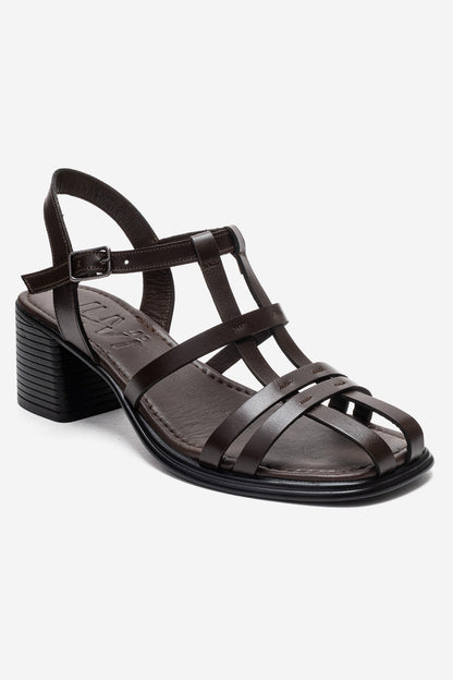 Cielos - Brown Genuine Leather Block Heel Sandal (Women)