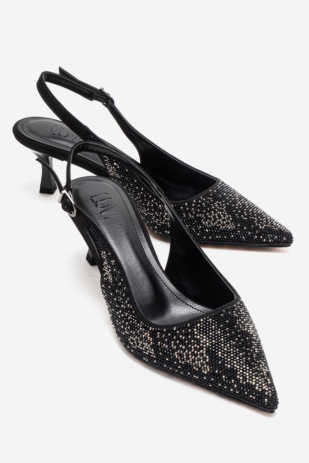 NELLA - Zapatos de tacón de aguja con pedrería y tira en el talón de platino negro (Mujer)
