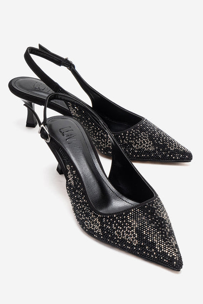 NELLA - Zapatos de tacón de aguja con pedrería y tira en el talón de platino negro (Mujer)