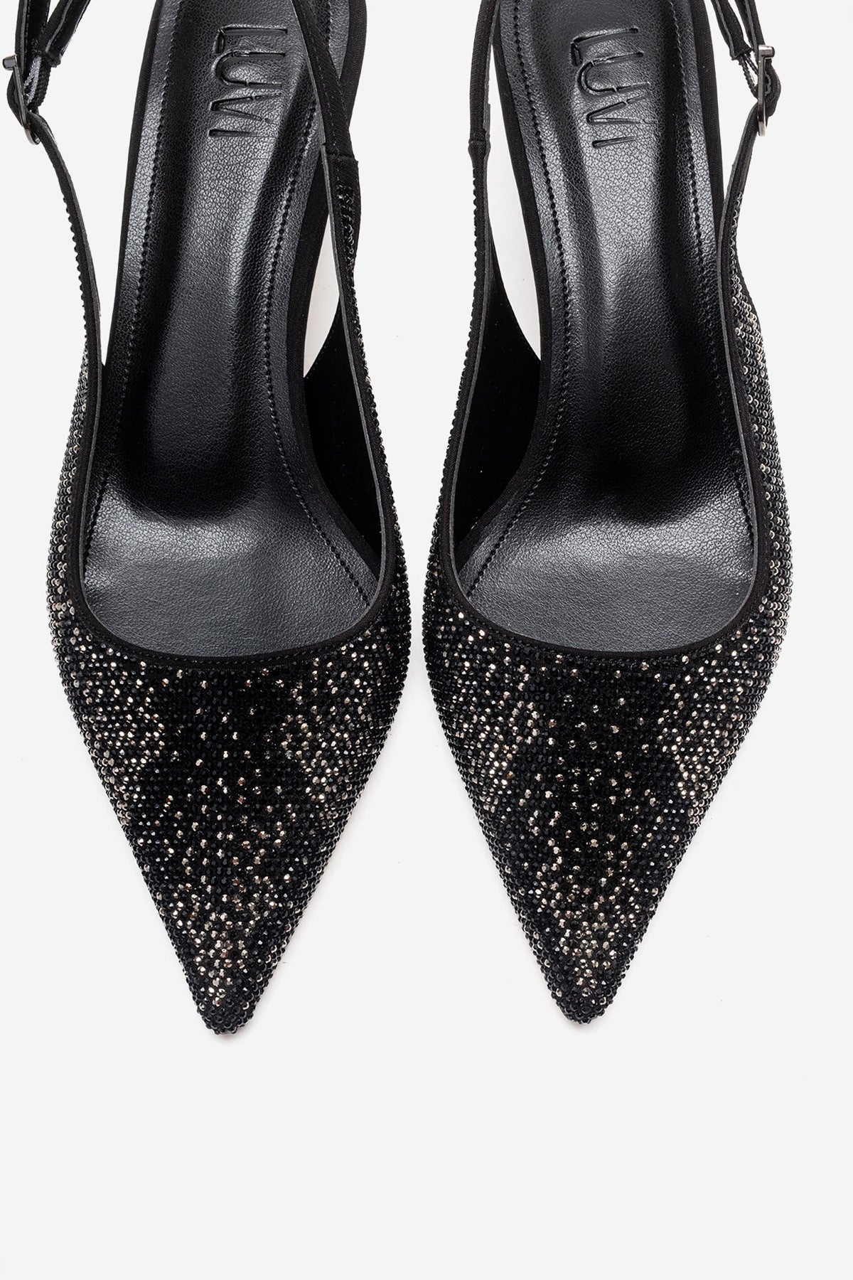 NELLA - Zapatos de tacón de aguja con pedrería y tira en el talón de platino negro (Mujer)
