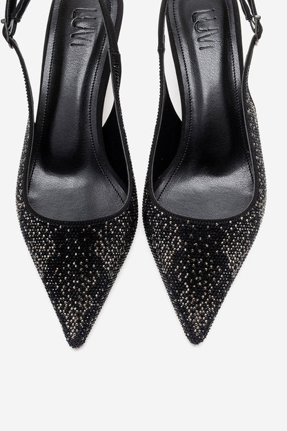 NELLA - Zapatos de tacón de aguja con pedrería y tira en el talón de platino negro (Mujer)