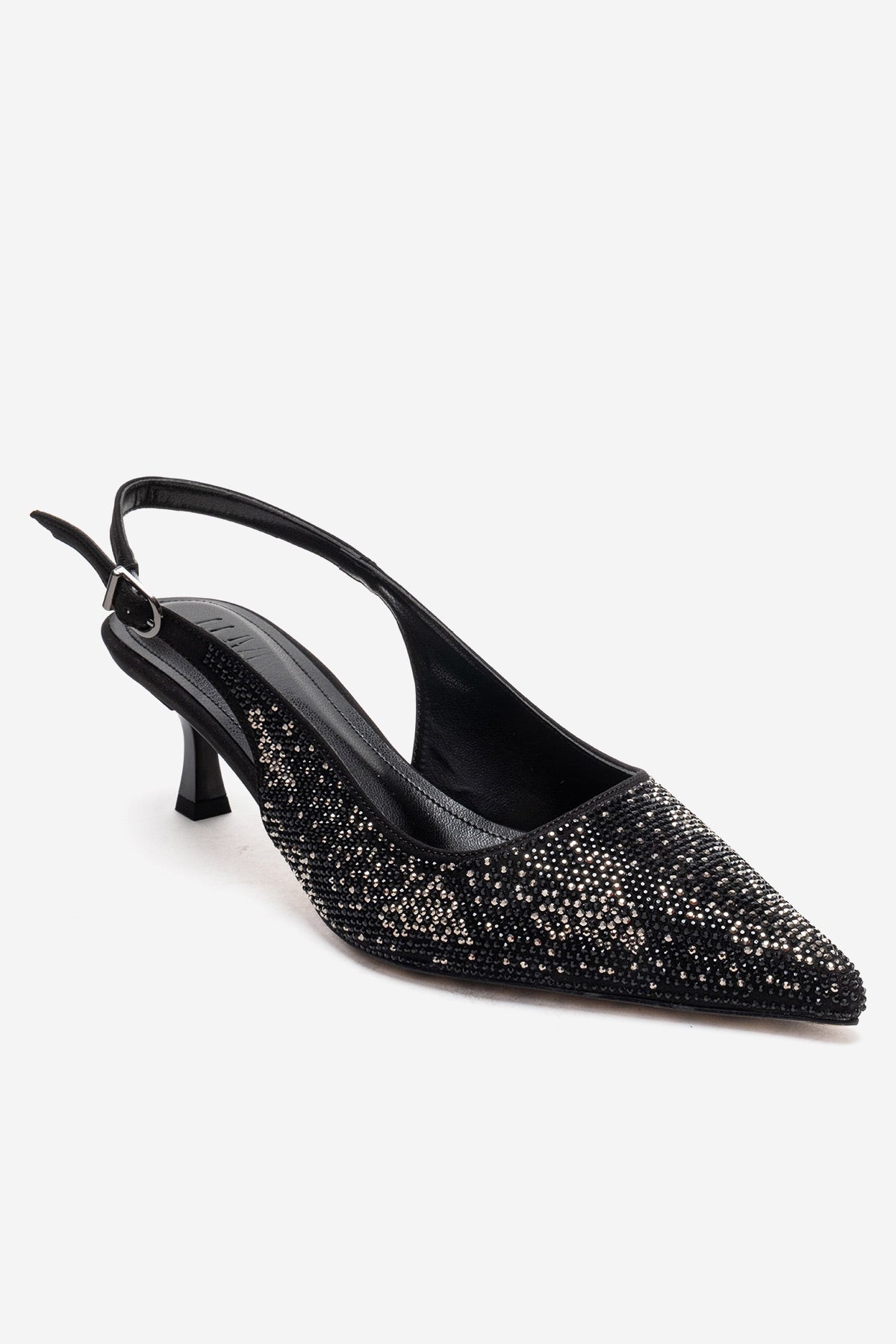 NELLA - Zapatos de tacón de aguja con pedrería y tira en el talón de platino negro (Mujer)