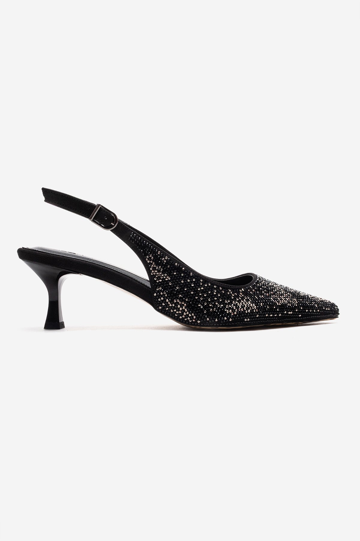 NELLA - Zapatos de tacón de aguja con pedrería y tira en el talón de platino negro (Mujer)