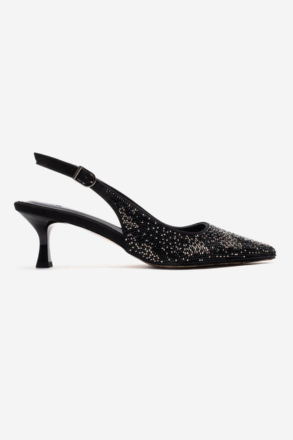 NELLA - Zapatos de tacón de aguja con pedrería y tira en el talón de platino negro (Mujer)