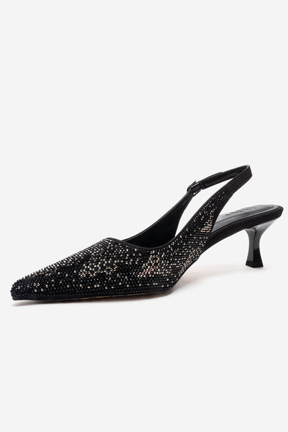 NELLA - Zapatos de tacón de aguja con pedrería y tira en el talón de platino negro (Mujer)