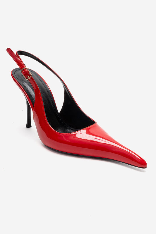 CANDY - Zapatos de tacón de aguja con punta fina de charol de cuero genuino rojo (Mujer)