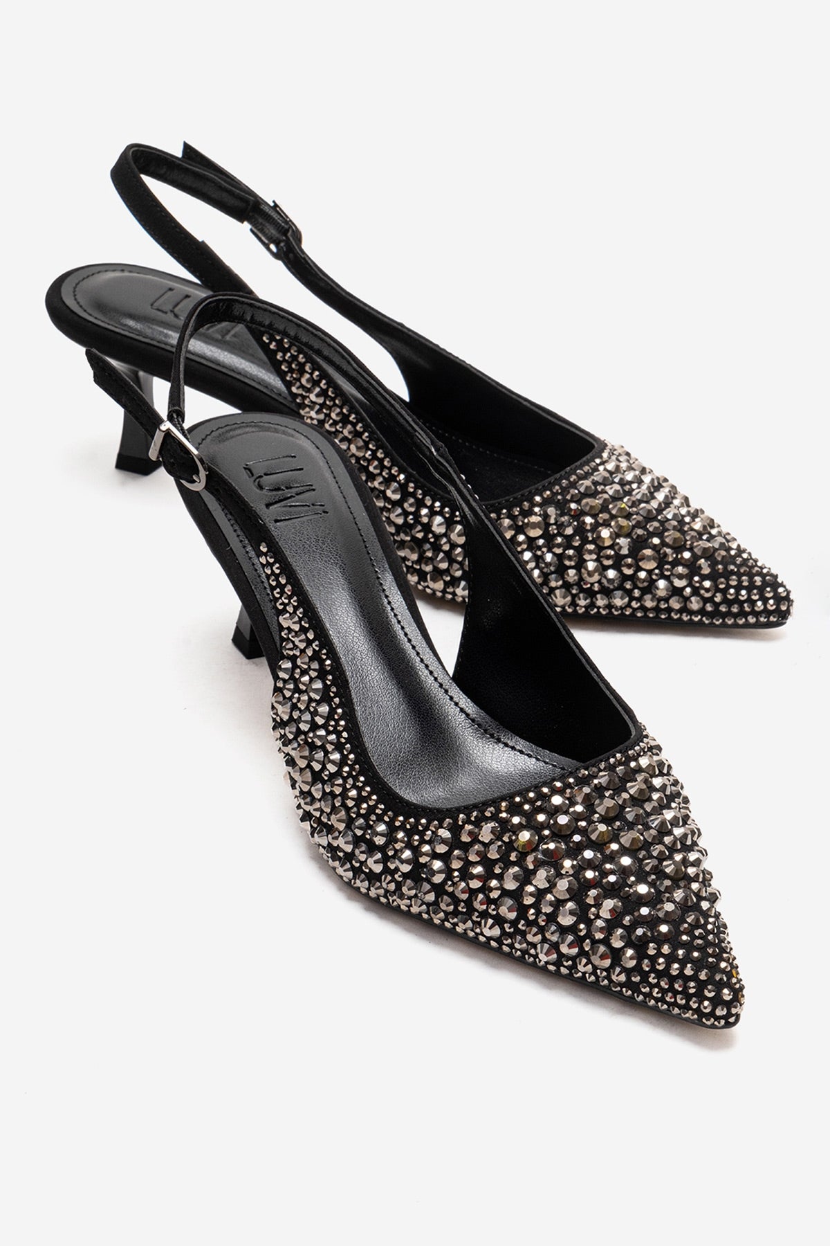 THEA - Zapatos de tacón bajo con adornos de cristal negro platino (Mujer)
