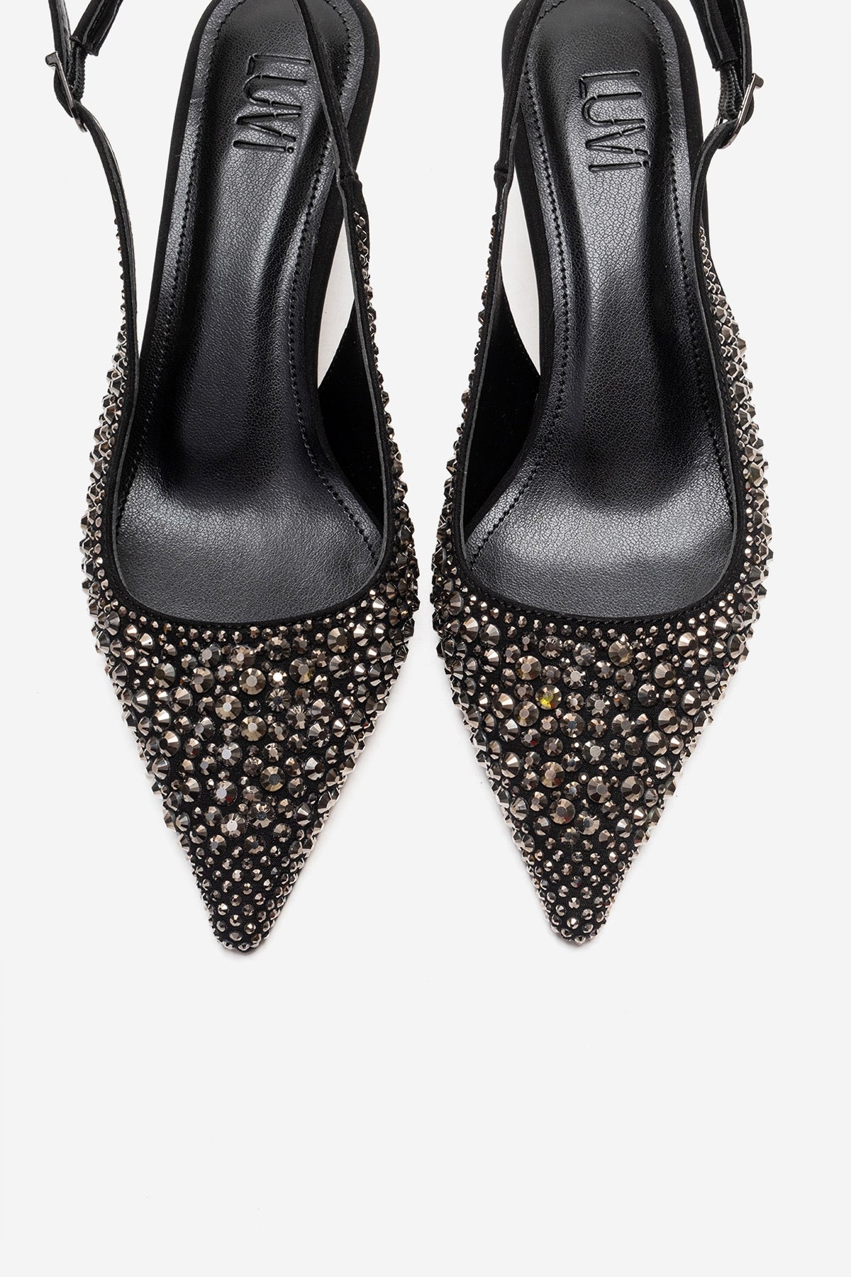 THEA - Zapatos de tacón bajo con adornos de cristal negro platino (Mujer)