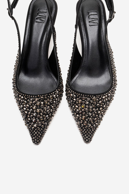 THEA - Zapatos de tacón bajo con adornos de cristal negro platino (Mujer)