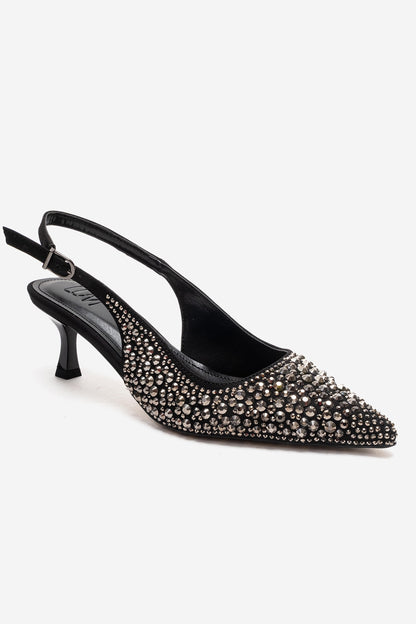 THEA - Zapatos de tacón bajo con adornos de cristal negro platino (Mujer)