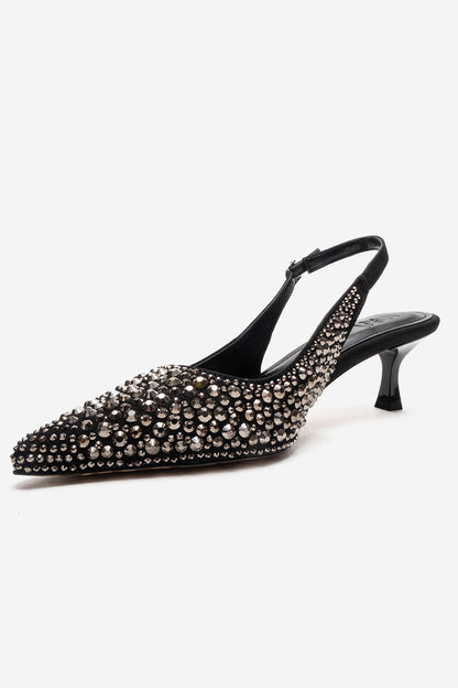 THEA - Zapatos de tacón bajo con adornos de cristal negro platino (Mujer)
