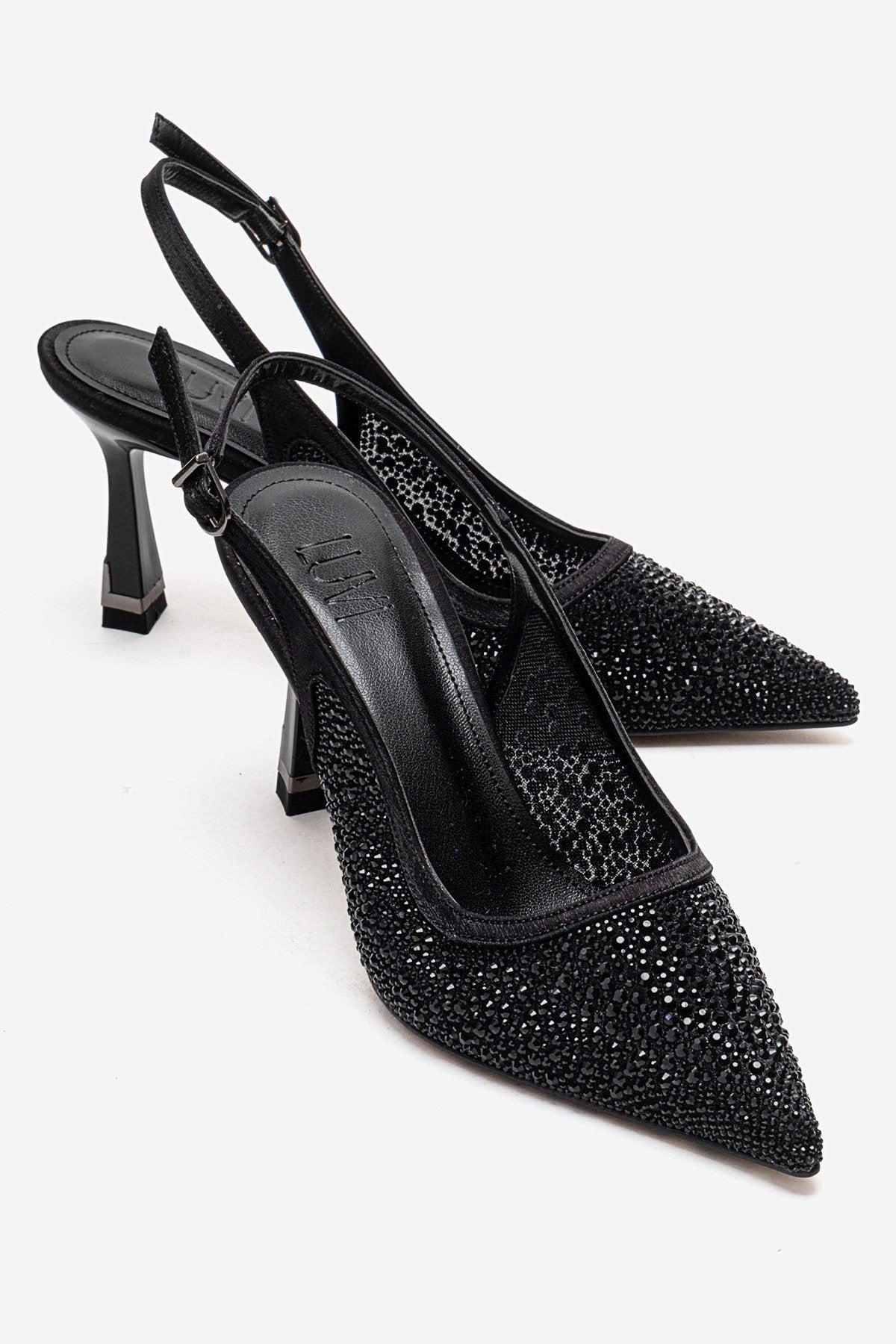 FREA - Black Stone-Embellished Ankle-Strap Stiletto Pump (Women)
