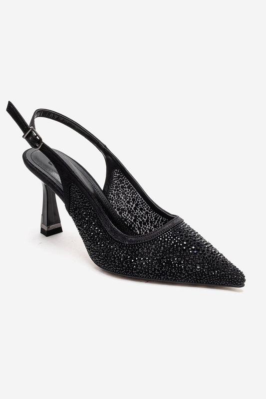 FREA - Zapato de tacón de aguja con tira en el tobillo y adornos de piedras negras (Mujer)
