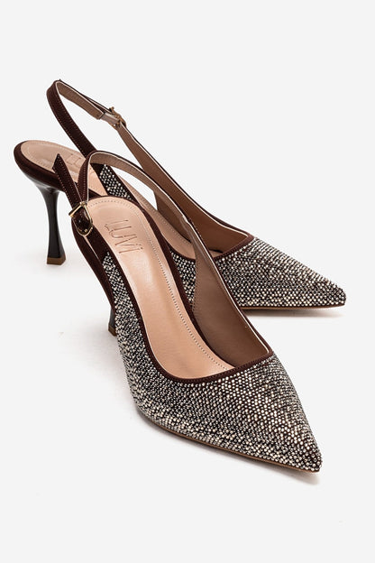 JOHANNA - Zapatos de tacón de aguja destalonados con adornos dorados color marrón (Mujer)