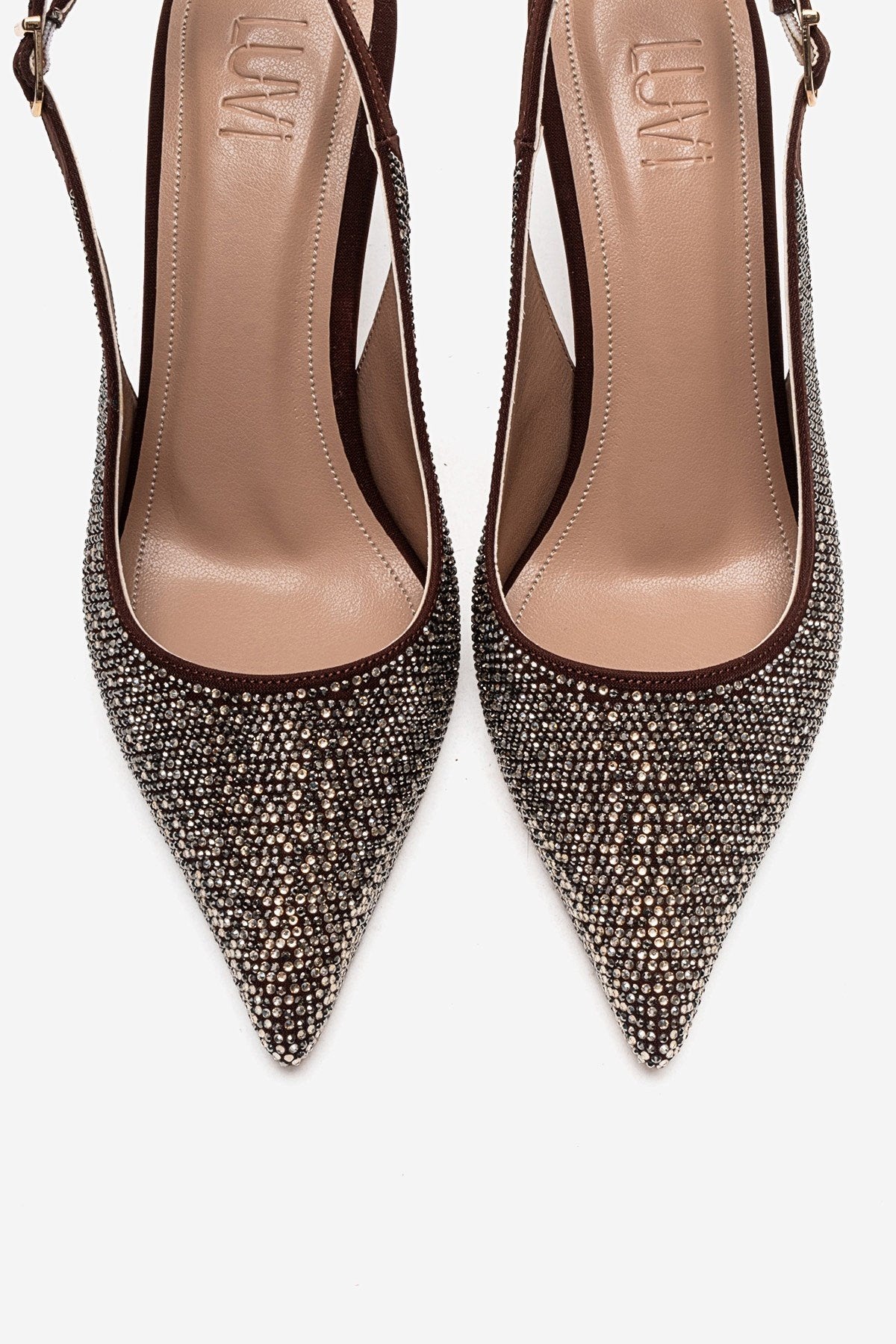 JOHANNA - Zapatos de tacón de aguja destalonados con adornos dorados color marrón (Mujer)