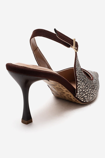 JOHANNA - Zapatos de tacón de aguja destalonados con adornos dorados color marrón (Mujer)