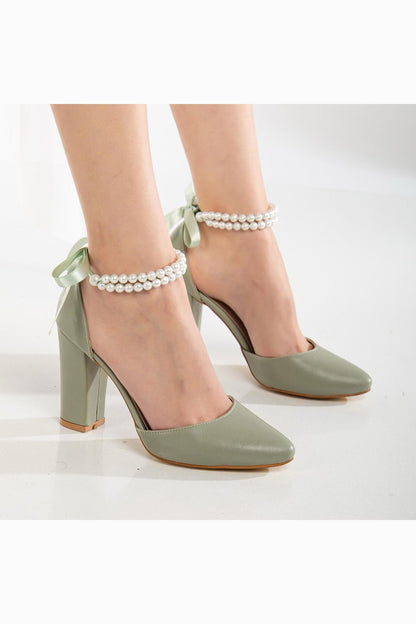 Denise - Sage Green Wedding Heels With Pearls