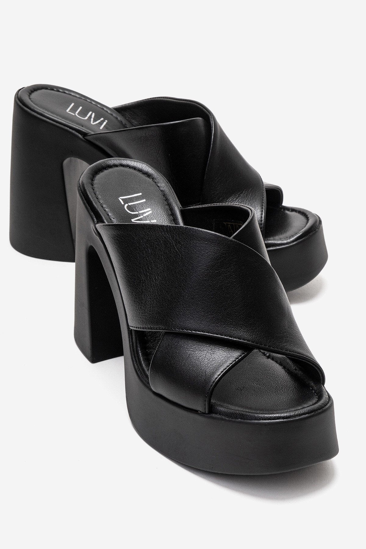 Essenza - Mules de tacón de bloque con plataforma de cuero genuino negro (Mujer)