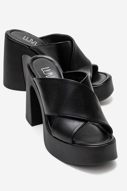 Essenza - Mules de tacón de bloque con plataforma de cuero genuino negro (Mujer)