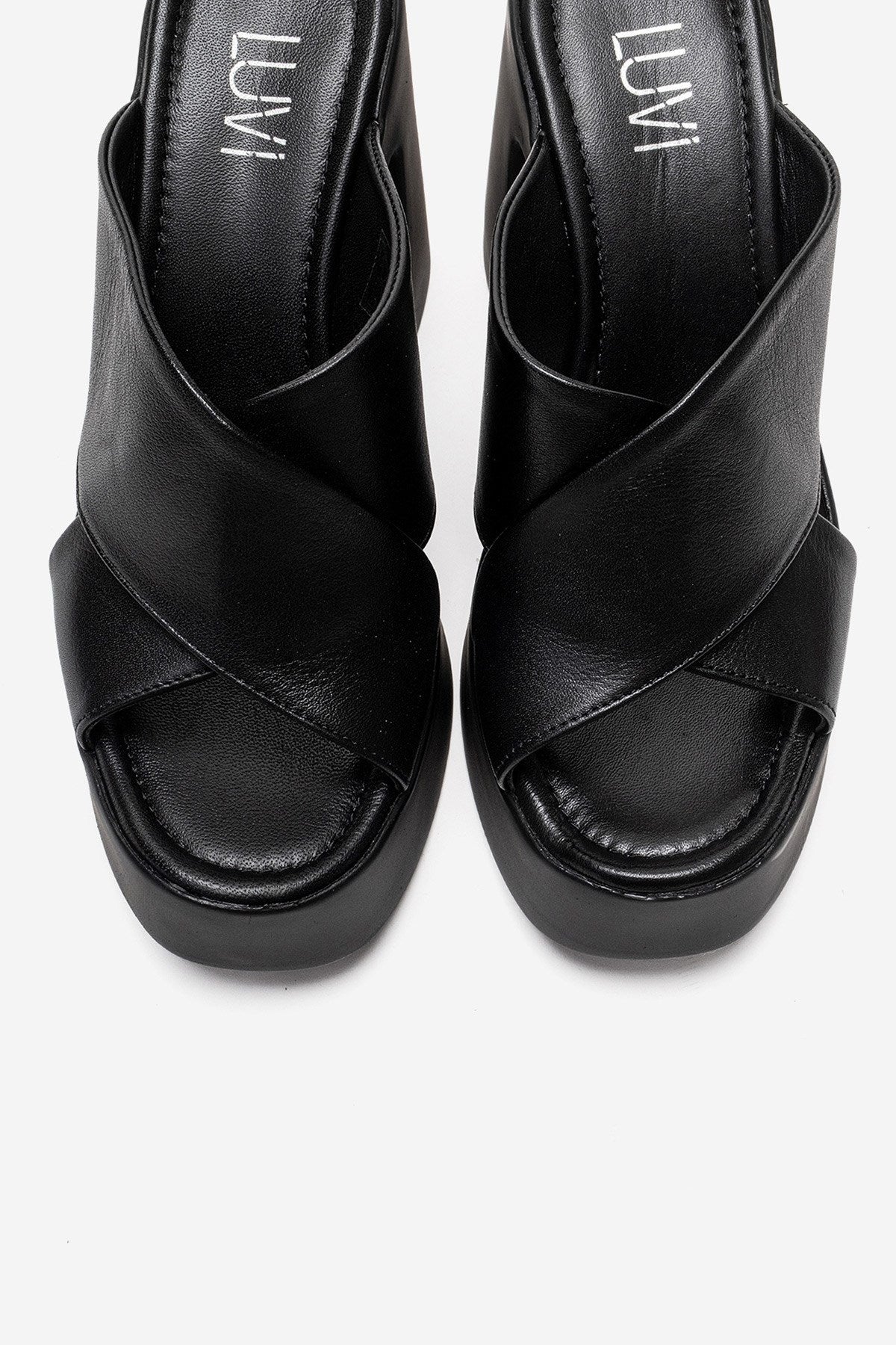 Essenza - Mules de tacón de bloque con plataforma de cuero genuino negro (Mujer)