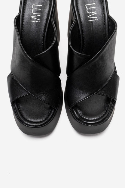 Essenza - Mules de tacón de bloque con plataforma de cuero genuino negro (Mujer)