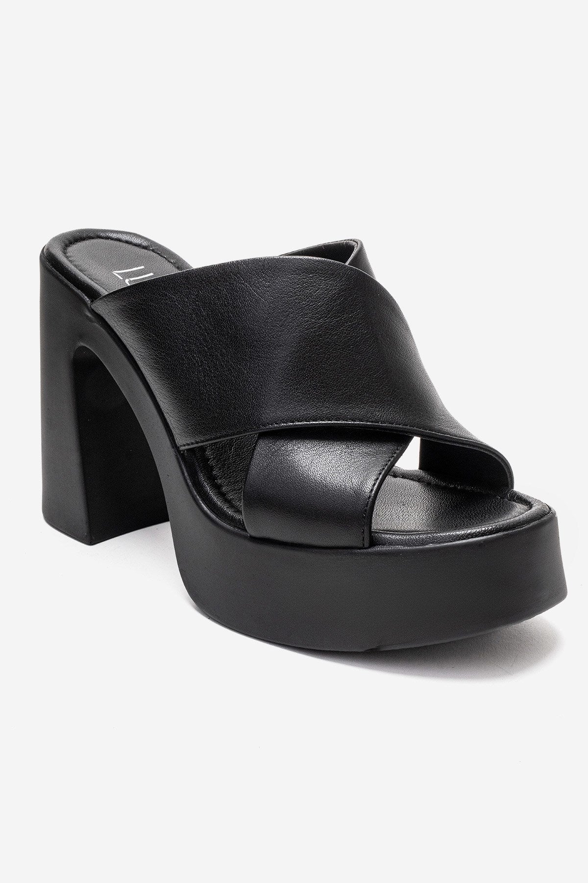 Essenza - Mules de tacón de bloque con plataforma de cuero genuino negro (Mujer)