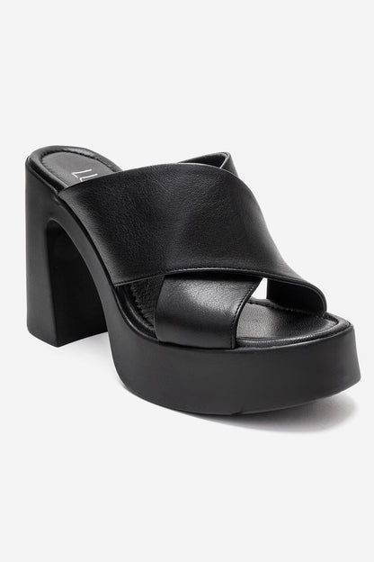 Essenza - Mules de tacón de bloque con plataforma de cuero genuino negro (Mujer)