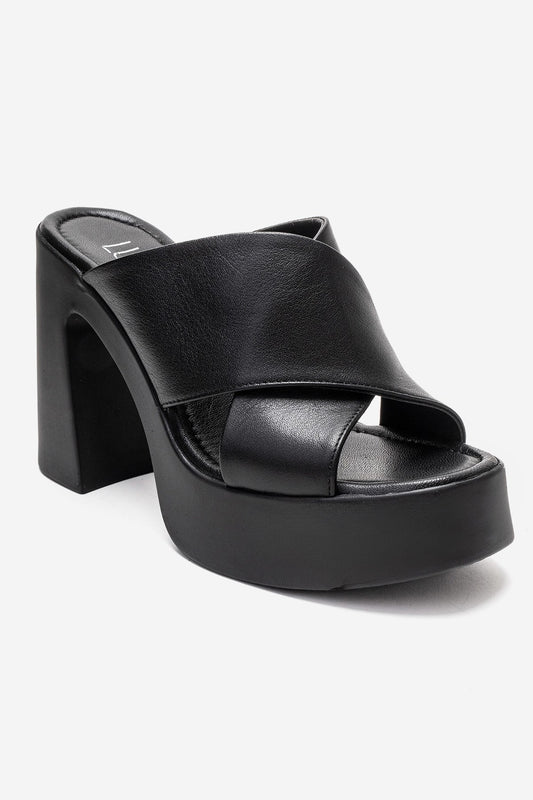 Essenza - Black Genuine Leather Platform Block Heel Mule (Women)