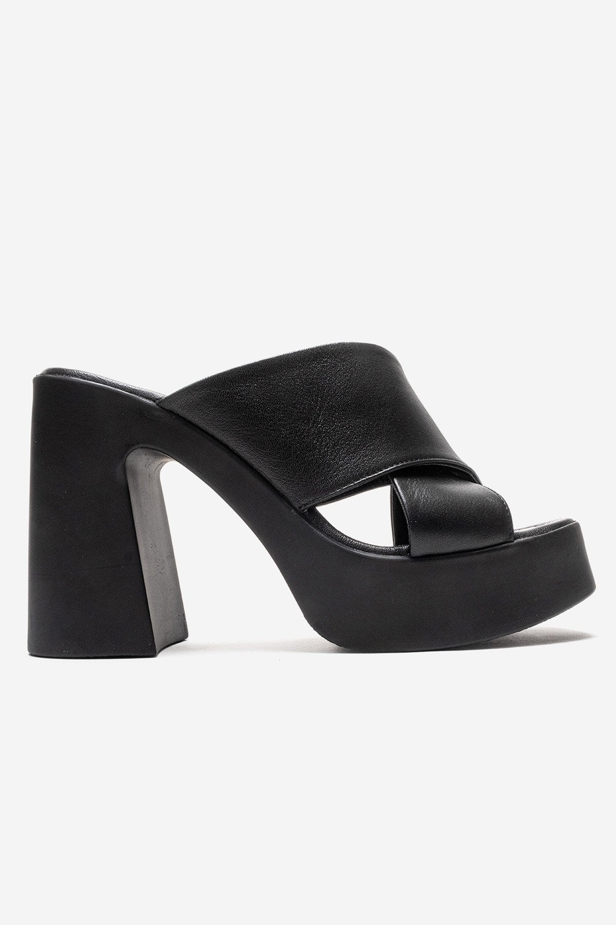 Essenza - Mules de tacón de bloque con plataforma de cuero genuino negro (Mujer)