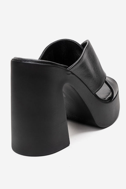 Essenza - Mules de tacón de bloque con plataforma de cuero genuino negro (Mujer)