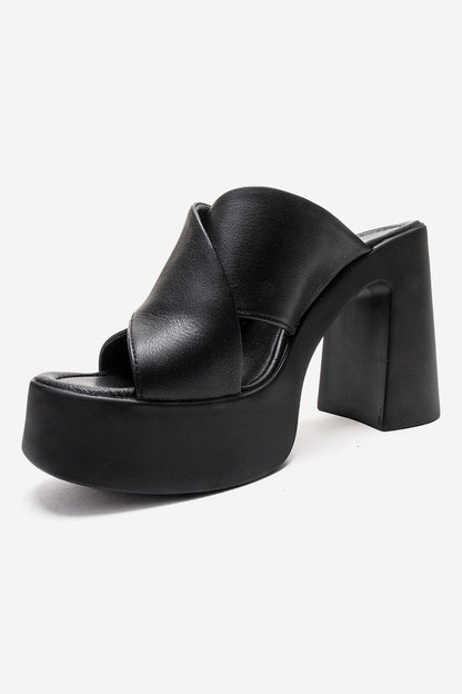 Essenza - Mules de tacón de bloque con plataforma de cuero genuino negro (Mujer)
