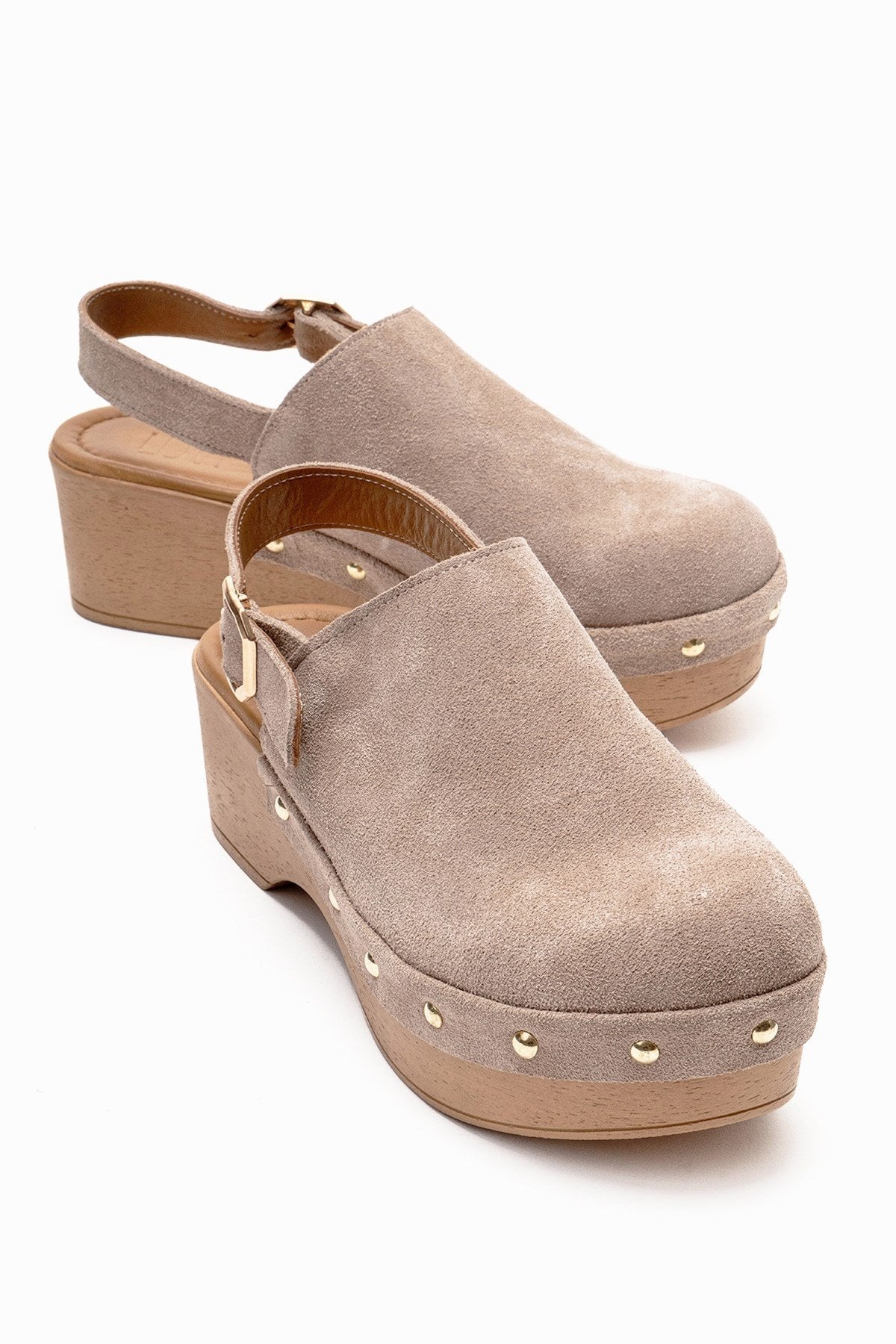 NORDEN - Sandalia de tacón con plataforma de cuero genuino beige (mujer)