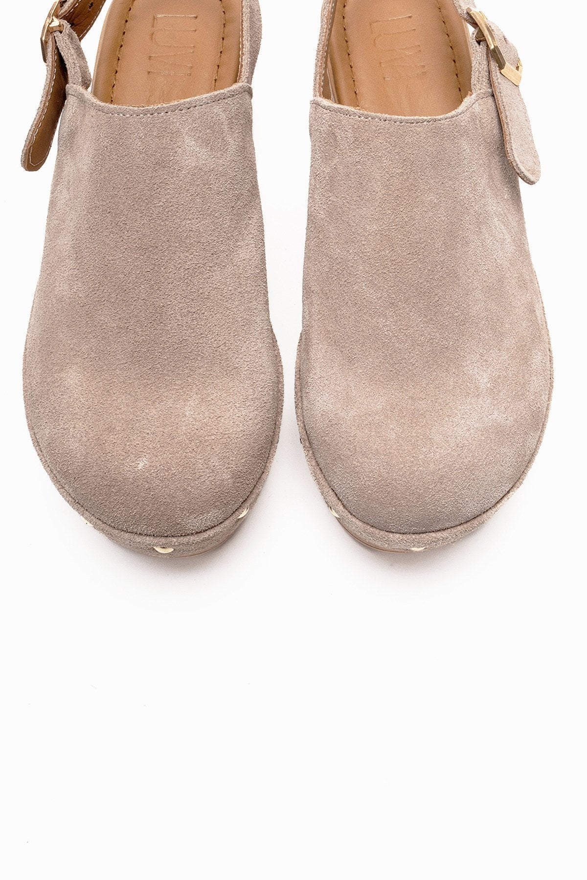 NORDEN - Sandalia de tacón con plataforma de cuero genuino beige (mujer)