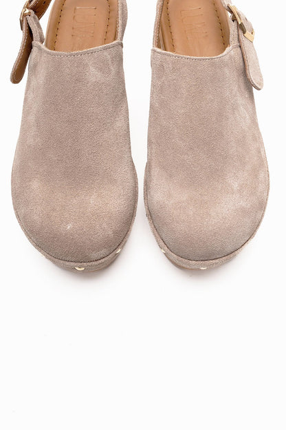NORDEN - Sandalia de tacón con plataforma de cuero genuino beige (mujer)