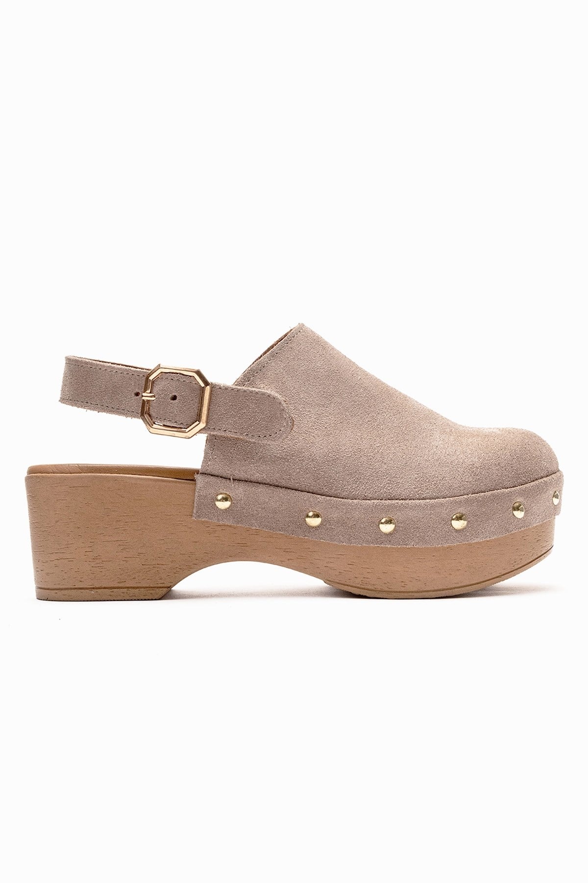 NORDEN - Sandalia de tacón con plataforma de cuero genuino beige (mujer)