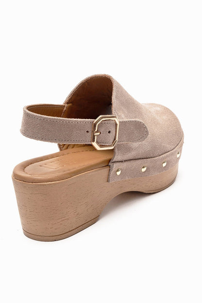NORDEN - Sandalia de tacón con plataforma de cuero genuino beige (mujer)
