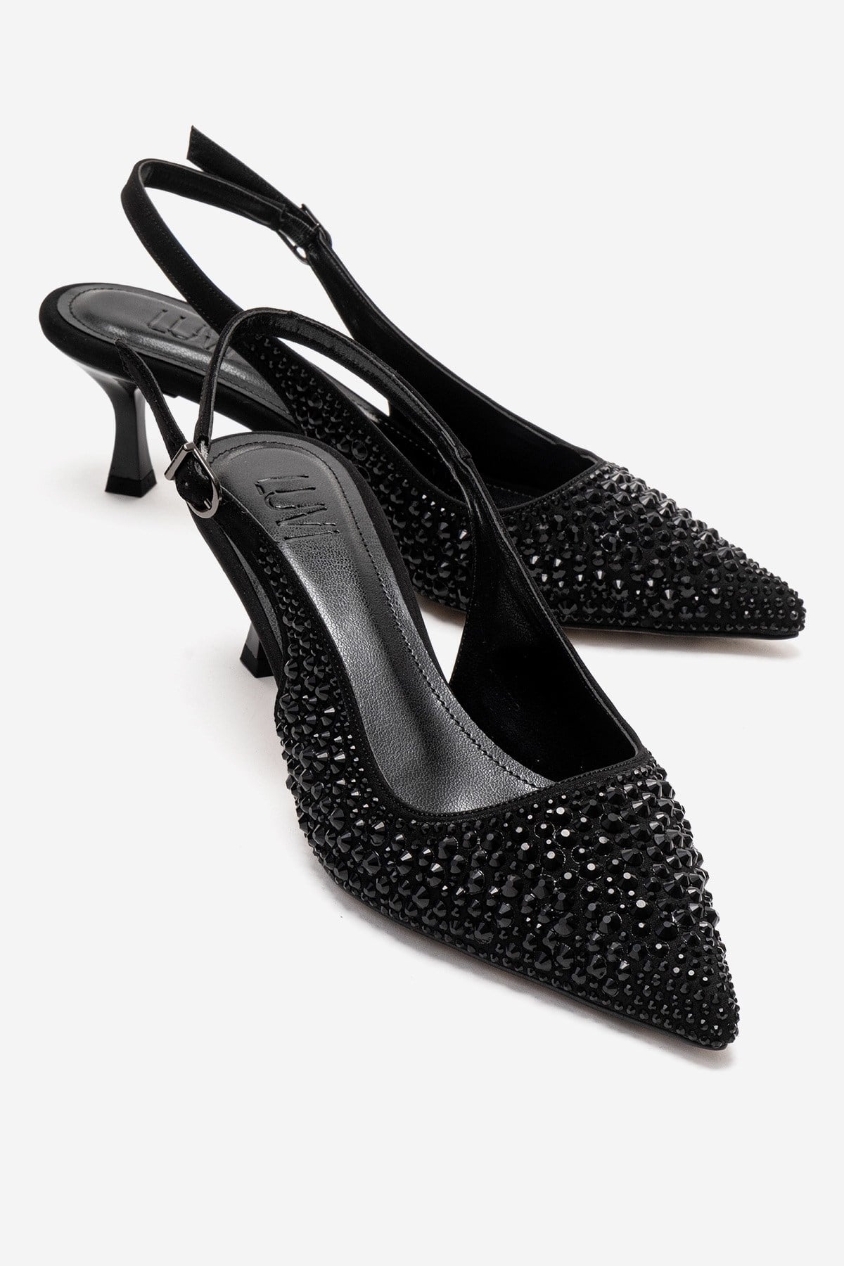THEA - Zapatilla de tacón kitten con pedrería negra (Mujer)