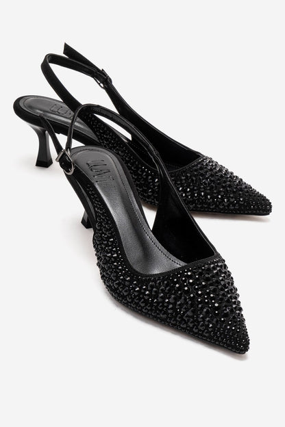 THEA - Zapatilla de tacón kitten con pedrería negra (Mujer)