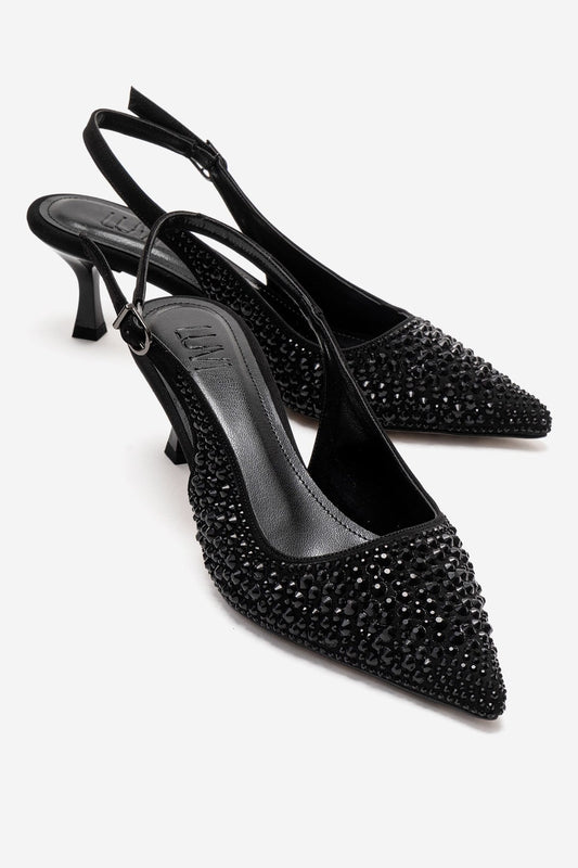THEA - Zapatilla de tacón kitten con pedrería negra (Mujer)