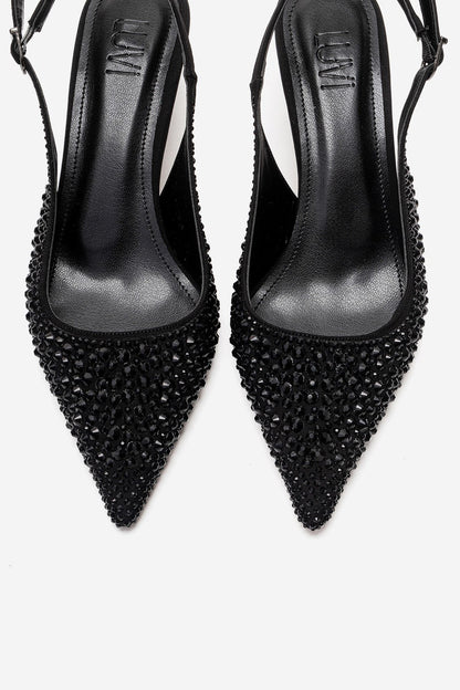 THEA - Zapatilla de tacón kitten con pedrería negra (Mujer)