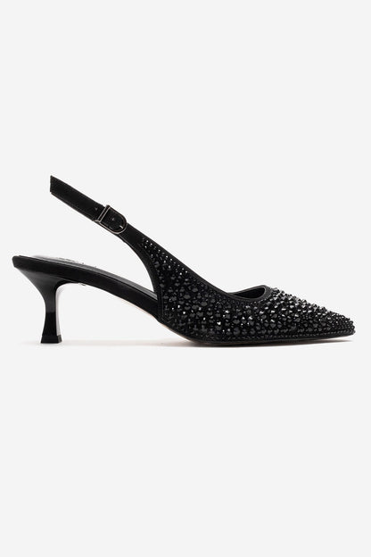 THEA - Zapatilla de tacón kitten con pedrería negra (Mujer)