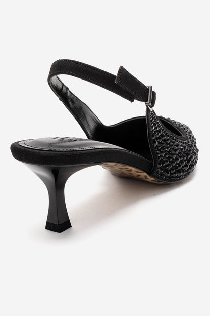 THEA - Zapatilla de tacón kitten con pedrería negra (Mujer)