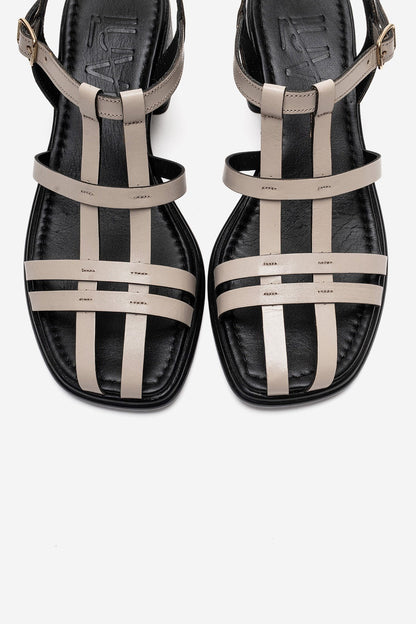CIELOS - Sandalia de Piel Genuina Beige con Tacón Cuadrado (Mujer)